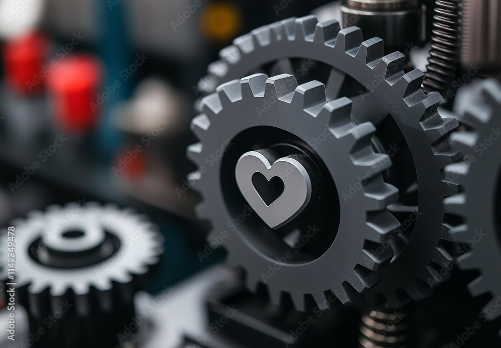 Poster close up of gray gears featuring heart symbol, showcasing intricate mechanical design and engineerin