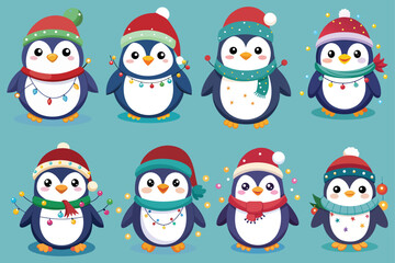 cute penguin with hat and christmas lights