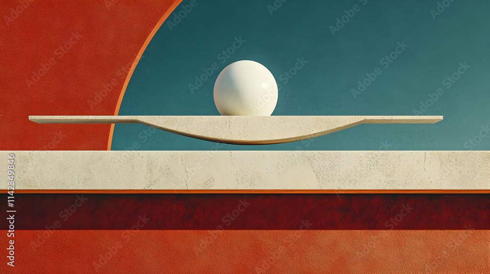 Poster abstract 3d render: balanced sphere on minimalist structure