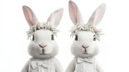 Obraz premium Adorable rabbits in floral crowns, dressed for a special occasion