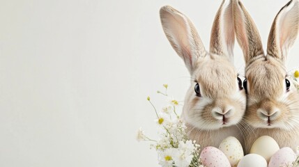 Obraz premium Two adorable rabbits surrounded by colorful Easter eggs and flowers