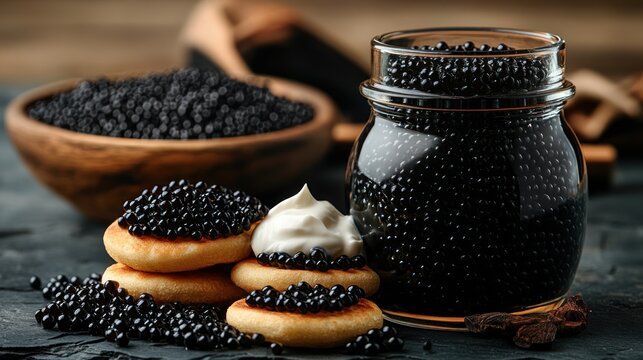 Exquisite black caviar on blinis with sour cream.