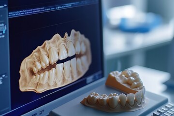 A digital 3D scan of perfectly aligned teeth on a computer screen in a dental clinic.