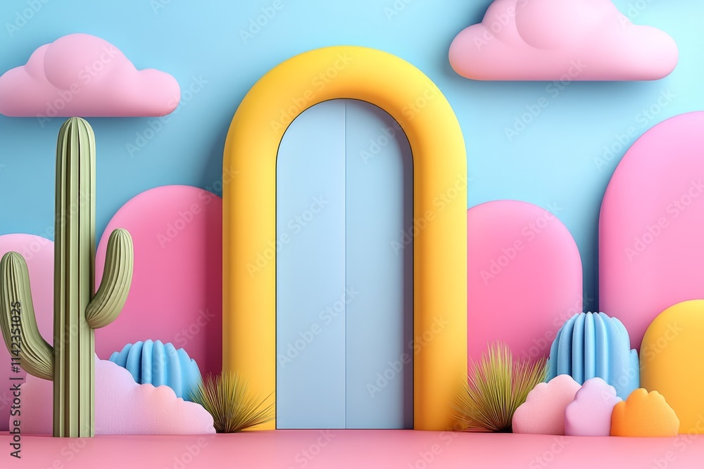 Poster A flat design of an open window with flowing curtains, using soft pastel colors to represent freedom