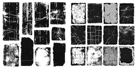 Overlay textures set stamp with grunge effect. Old damage Dirty grainy and scratches. Set of different distressed black grain texture. Distress overlay vector textures. Generative AI.