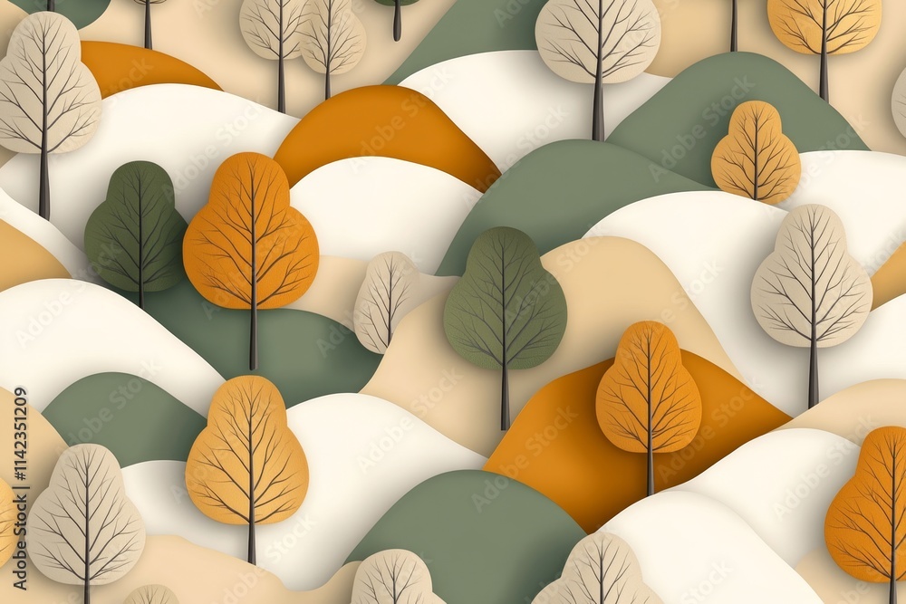 Poster A flat design of overlapping tree shapes in varying shades of green and brown, representing the layers of a dense forest