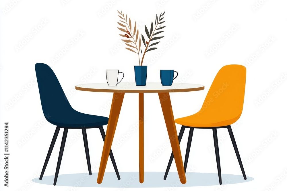Poster a flat illustration of a minimalist dining table with simple chairs, using bright, bold lines and sh