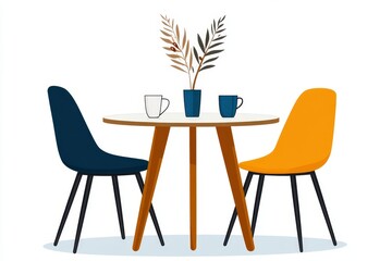 A flat illustration of a minimalist dining table with simple chairs, using bright, bold lines and shapes on a white canvas
