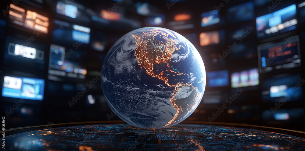 Poster digital globe showcasing north america with illuminated cities, surrounded by screens displaying dat