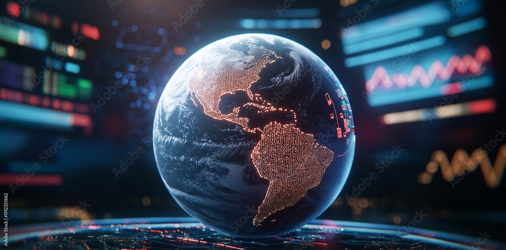 Poster digital globe showcasing americas with glowing data points, surrounded by vibrant screens displaying