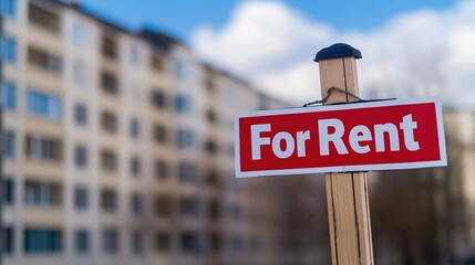 Obraz premium For rent sign displayed on a residential building, symbolizing opportunities for new beginnings and the dynamic nature of urban living.