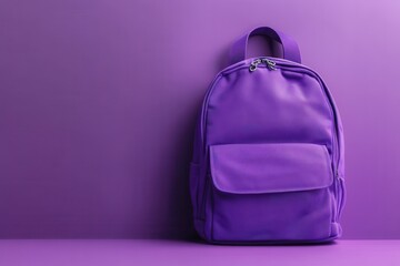 Purple backpack against purple wall. Perfect for education, travel, or fashion themes.