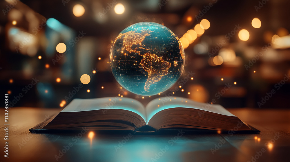 Poster floating globe above an open book symbolizes knowledge and global discovery in a cozy, illuminated l