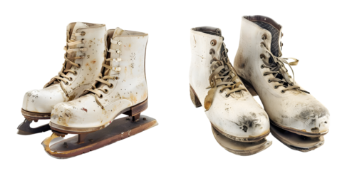 pair of traditional vintage white ice skates. Generative AI.