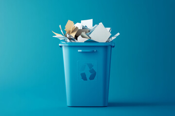Icon for recycling. Bin container for environmental preservation and waste disposal. Blue recycle bin with paper waste, isolated on a blue background 