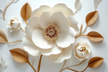 Overhead view of large, cream paper flower with smaller blossoms and leaves.