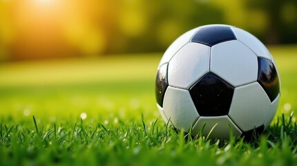 Fototapeta premium Close-up of a Soccer Ball Resting on Lush Green Grass With a Blurred Background