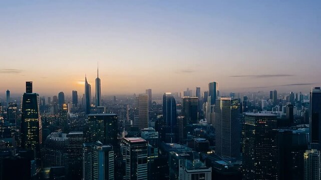 Time-lapse shot of a modern city from a drone perspective.