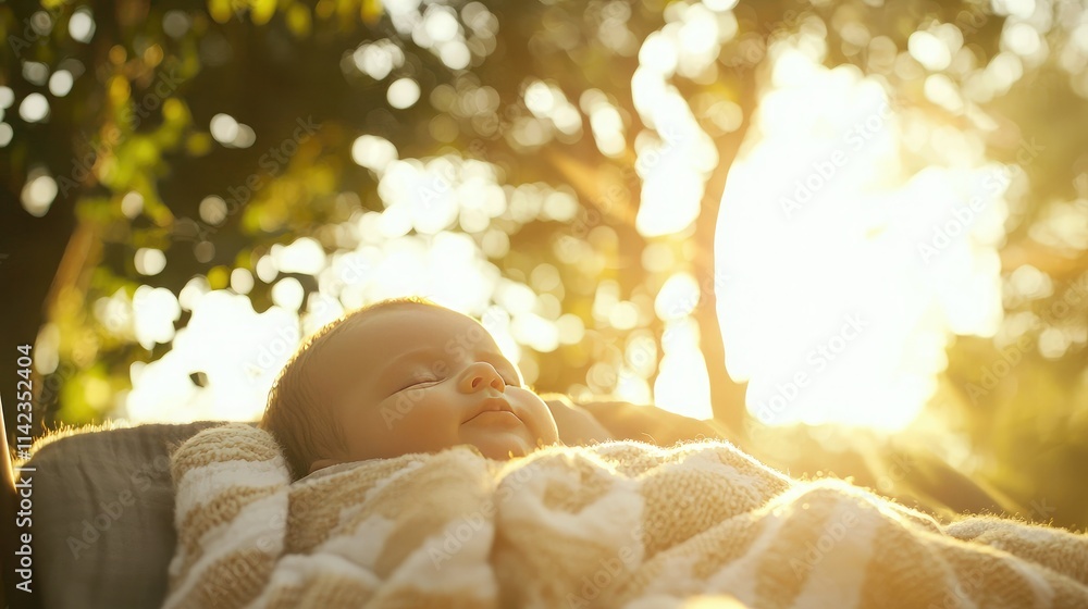 Poster infant in a crib outdoors, wrapped in a soft blanket with sunlight filtering through trees.