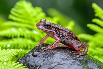 Obraz premium A frog resting on a rock in a rainforest, surrounded by vibrant ferns and glistening raindrops