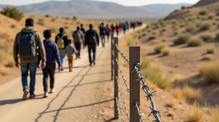 Barbed Wire and Migrants Walking Along a Dusty Path in a Desolate Landscape