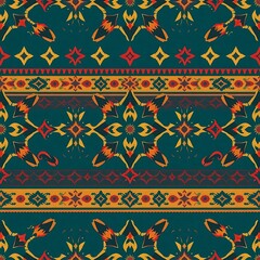 Teal and Orange Geometric Pattern: A vibrant, seamless pattern featuring a bold geometric design in teal, orange, red and yellow hues. This intricate design evokes a sense of rhythm and depth.