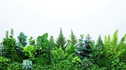 Lush Green Plants and Ferns in Front of a White Background for Natural Decor
