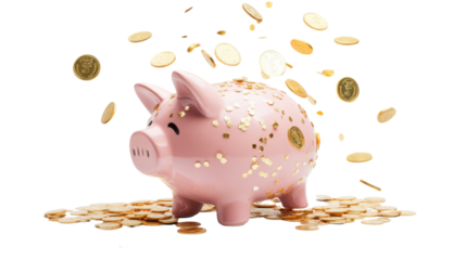 Coins flying over a piggy bank, transparent background