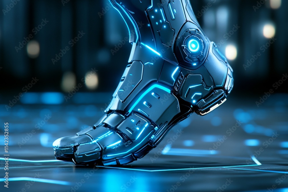 Poster a futuristic depiction of a glowing robotic foot, with intricate metallic details and neon lights il