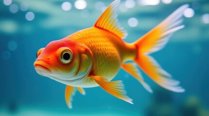 Fototapeta premium Vibrant Goldfish Swimming Underwater Amidst Bubbles and Soft Light