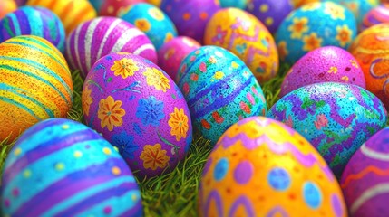 Colorful Decorative Easter Eggs on Green Grass in a Vibrant Spring Scene