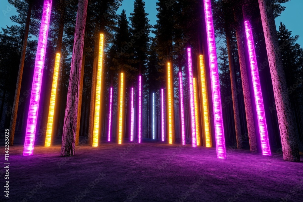 Poster a futuristic forest with glowing, bioengineered trees, their trunks pulsating with neon light, set i