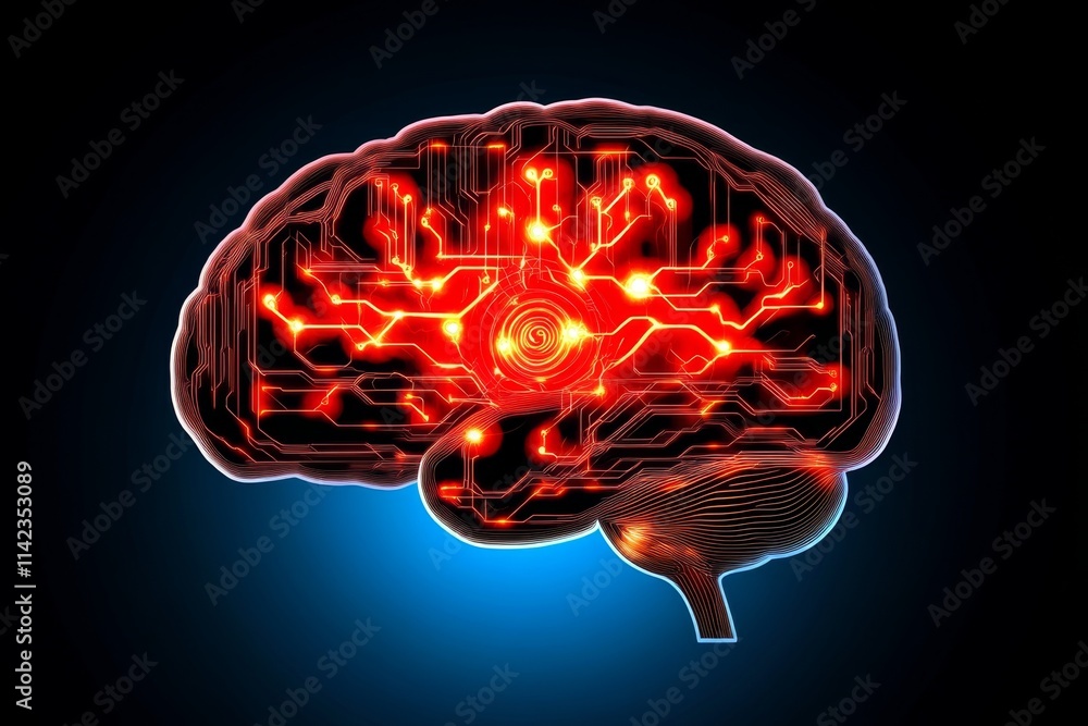 Poster A futuristic scene of a human brain with glowing neural pathways, symbolizing focus and thought, set against a high-tech digital interface