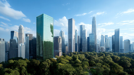 Obraz premium stunning city skyline featuring modern skyscrapers and lush greenery. eco friendly building stands out amidst urban landscape, showcasing blend of nature and architecture