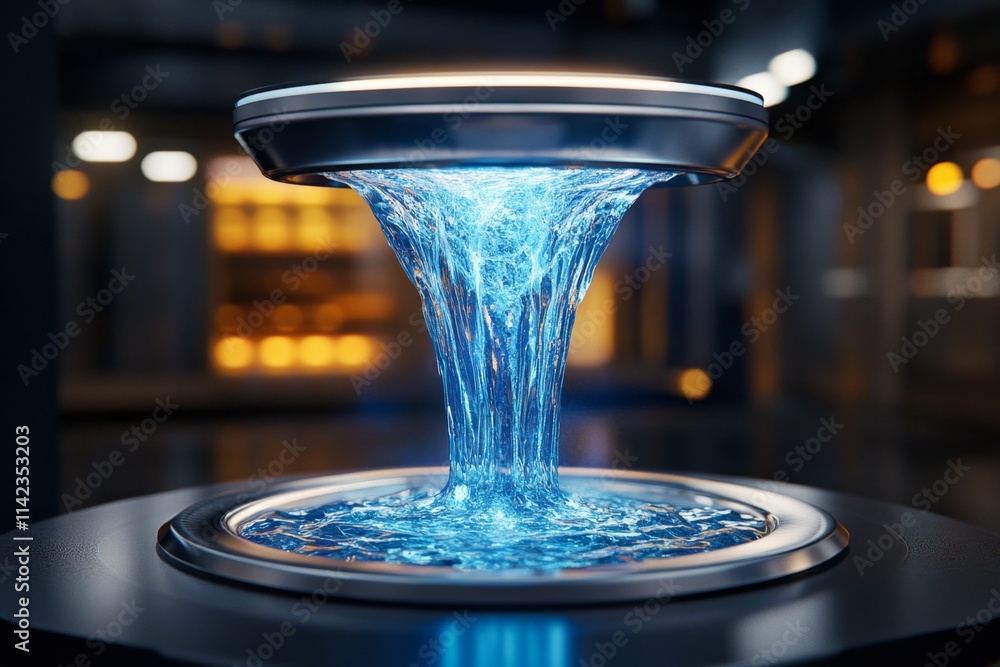 Poster A futuristic transparent funnel with glowing blue liquid flowing into a sleek, high-tech container in a laboratory setting