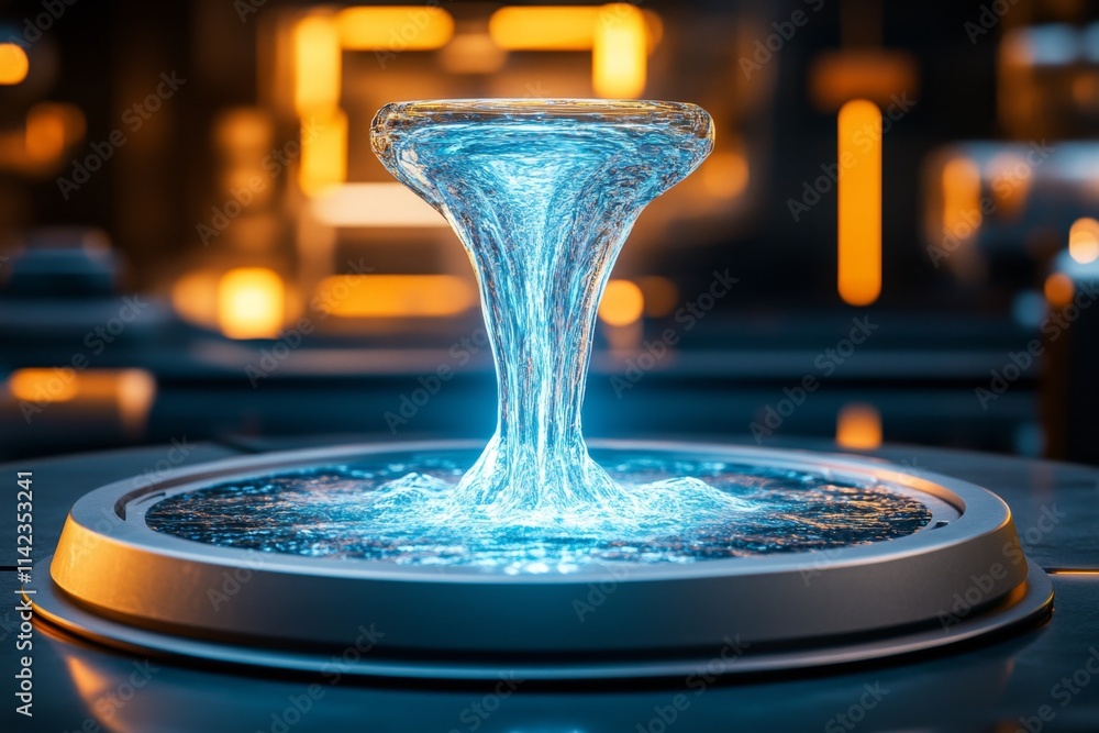 Poster A futuristic transparent funnel with glowing blue liquid flowing into a sleek, high-tech container in a laboratory setting