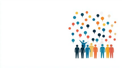 A group of people with colorful speech bubbles, symbolizing communication and interaction.