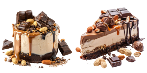 Peanut butter cream cake with melted chocolate, candy bars, bites of peanuts and salted caramel. Generative AI.