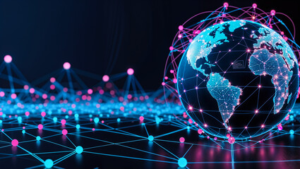 Fototapeta premium Futuristic Earth: Neon Globe with Global Connectivity and Network Design