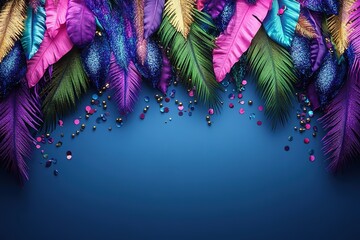 Vibrant feathers and confetti frame top of image with ample copy space