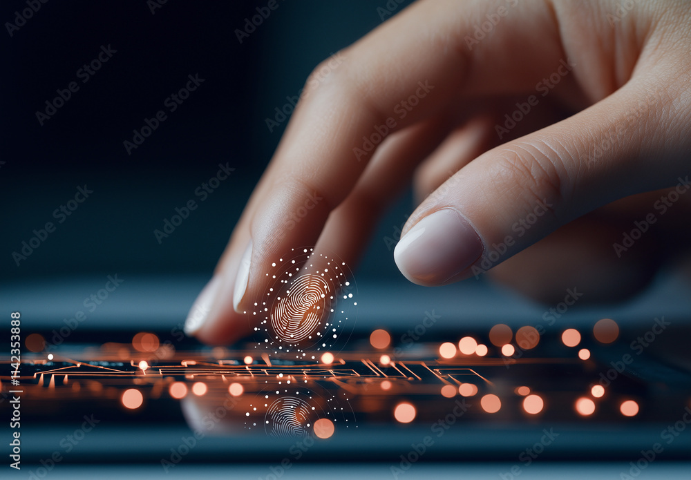 Poster hand interacting with digital screen, showcasing biometric fingerprint security technology. image hi
