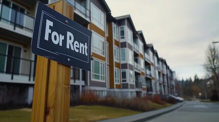 Fototapeta premium For rent sign displayed on a residential building, symbolizing opportunities for new beginnings and the dynamic nature of urban living.