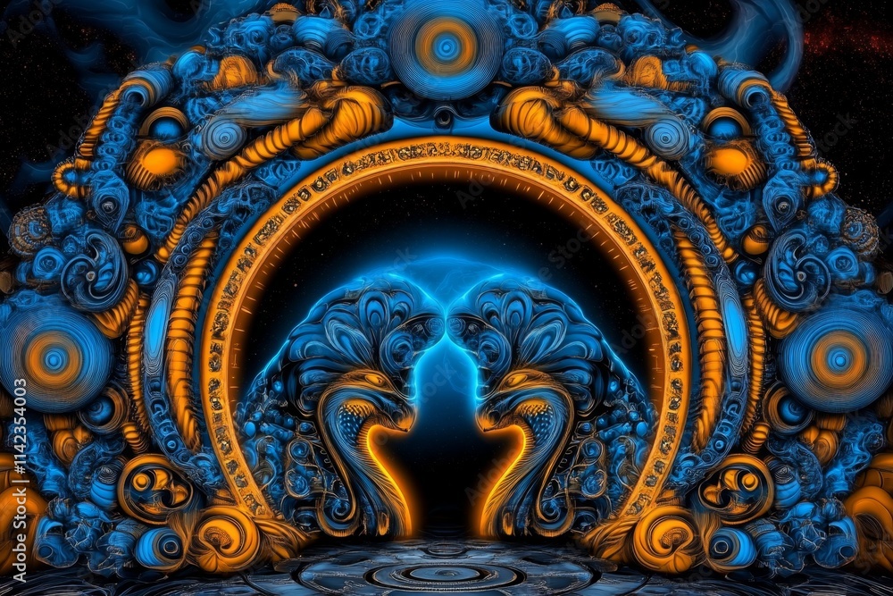 Poster a glowing futuristic holographic frame displaying digital artwork, set against a high-tech backgroun