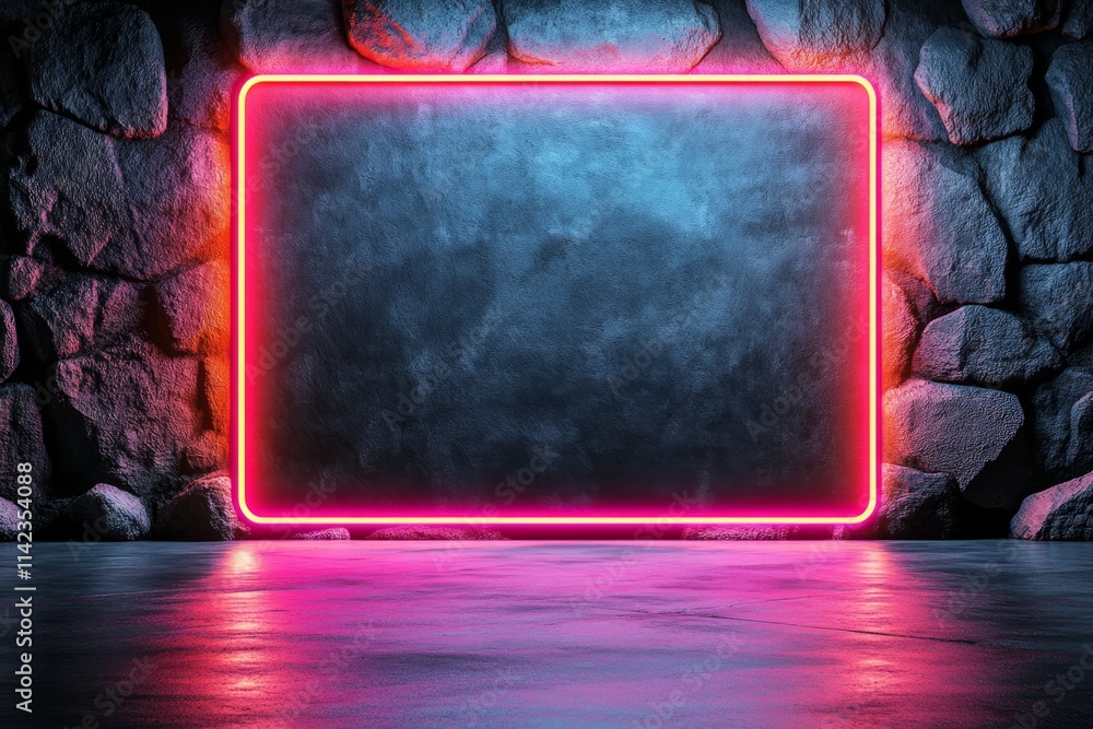 Poster a glowing futuristic holographic frame displaying digital artwork, set against a high-tech backgroun