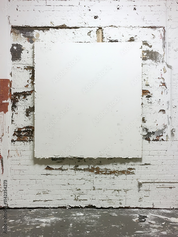 Poster empty canvas on weathered wall in art studio environment