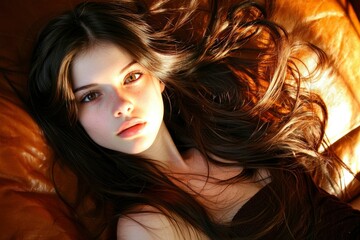 Fototapeta premium Young Woman With Long Brown Hair Lying Down