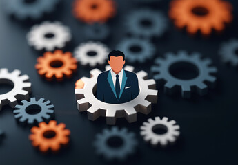 human icon surrounded by colorful gears symbolizes teamwork and collaboration in professional setting. This represents integration of human effort and mechanical processes