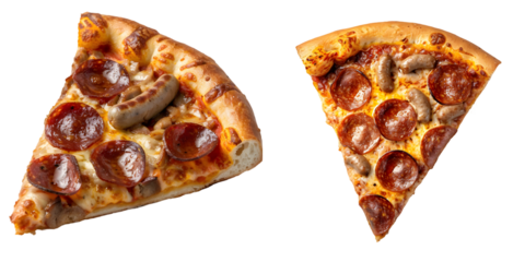 Piece of Pepperoni pizza with sausages. Generative AI.