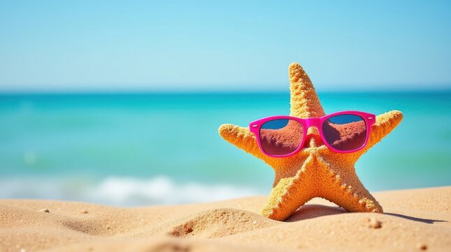 Starfish Wearing Pink Sunglasses Enjoys Sunny Day on Sandy Beach