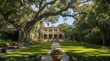 Obraz premium A majestic 200-year-old Ficus Macrophylla Columnaris with sprawling aerial prop roots creating natural archways over the lush green garden